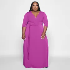 Plus Size Solid V Neck Sashes Maxi Dress OSIF-22353