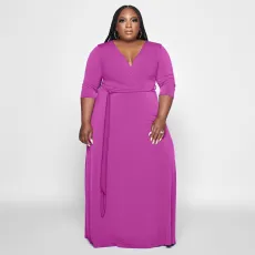 Plus Size Solid V Neck Sashes Maxi Dress OSIF-22353
