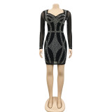 Sexy Hot Drilling Mesh Long Sleeve Club Dress BY-5846