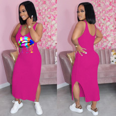 Plus Size Lip Print Sleeveless Split Maxi Dress OM-1310