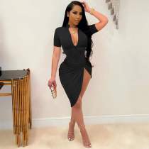 Plus Size Solid Zipper Short Sleeve Irregular Dress OM-1355