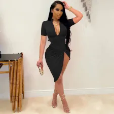 Plus Size Solid Zipper Short Sleeve Irregular Dress OM-1355