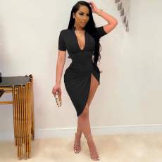 Plus Size Solid Zipper Short Sleeve Irregular Dress OM-1355