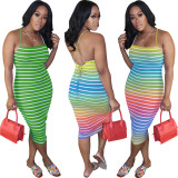 Sexy Striped Cross Strap Midi Dress OMY-81028