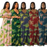 Plus Size Floral Print 3/4 Sleeve V Neck Sashes Maxi Dress OSIF-22422