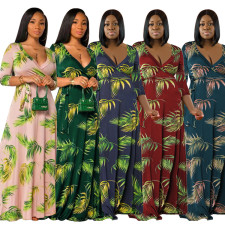 Plus Size Floral Print 3/4 Sleeve V Neck Sashes Maxi Dress OSIF-22422