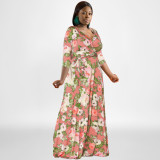 Plus Size Floral Print V Neck 3/4 Sleeve Sashes Maxi Dress OSIF-22421