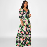 Plus Size Floral Print V Neck 3/4 Sleeve Sashes Maxi Dress OSIF-22421