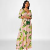 Plus Size Floral Print 3/4 Sleeve V Neck Sashes Maxi Dress OSIF-22422