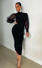 Black Long Sleeve Patchwork Split Midi Dress XHXF-211