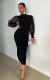Black Long Sleeve Patchwork Split Midi Dress XHXF-211