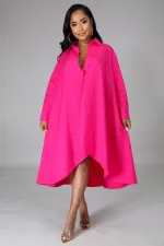 Plus Size Solid Long Sleeve Irregular Loose Shirt Dress XHXF-900