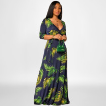 Plus Size Floral Print 3/4 Sleeve V Neck Sashes Maxi Dress OSIF-22422