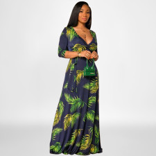 Plus Size Floral Print 3/4 Sleeve V Neck Sashes Maxi Dress OSIF-22422