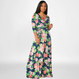Plus Size Floral Print V Neck 3/4 Sleeve Sashes Maxi Dress OSIF-22421