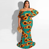 Plus Size Printed Slash Neck Maxi Dress OSIF-19377
