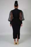 Black Long Sleeve Patchwork Split Midi Dress XHXF-211