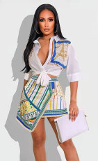 Casual Printed Shirt Mini Skirt Two Piece Sets XHXF-8622