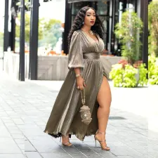Sexy V Neck High Waist Split Big Swing Maxi Dress XHXF-899