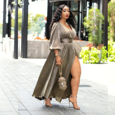 Sexy V Neck High Waist Split Big Swing Maxi Dress XHXF-899