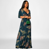 Plus Size Floral Print 3/4 Sleeve V Neck Sashes Maxi Dress OSIF-22422