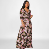 Plus Size Floral Print V Neck 3/4 Sleeve Sashes Maxi Dress OSIF-22421