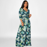 Plus Size Floral Print V Neck 3/4 Sleeve Sashes Maxi Dress OSIF-22421
