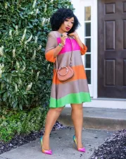 Casual Striped 3/4 Sleeve A-line Dress XHXF-212