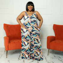 Plus Size Printed Sleeveless Strap Jumpsuit OSIF-22399