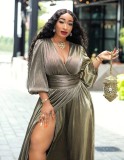 Sexy V Neck High Waist Split Big Swing Maxi Dress XHXF-899