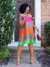 Casual Striped 3/4 Sleeve A-line Dress XHXF-212