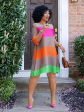 Casual Striped 3/4 Sleeve A-line Dress XHXF-212