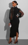 Black Long Sleeve Patchwork Split Midi Dress XHXF-211