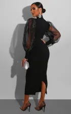 Black Long Sleeve Patchwork Split Midi Dress XHXF-211