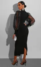 Black Long Sleeve Patchwork Split Midi Dress XHXF-211