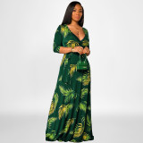 Plus Size Floral Print 3/4 Sleeve V Neck Sashes Maxi Dress OSIF-22422