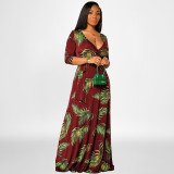 Plus Size Floral Print 3/4 Sleeve V Neck Sashes Maxi Dress OSIF-22422