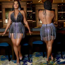 Sexy Hot Drilling Halter Bodysuit+Tassel Mini Skirt 2 Piece Sets BY-5871