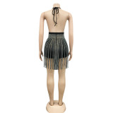 Sexy Hot Drilling Halter Bodysuit+Tassel Mini Skirt 2 Piece Sets BY-5871
