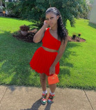 Solid One Shoulder Pleated Mini Skirt 2 Piece Sets QZX-6258