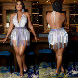 Sexy Hot Drilling Halter Bodysuit+Tassel Mini Skirt 2 Piece Sets BY-5871