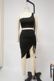 Solid One Shoulder Smocked Skirts Two Piece Sets YF-K10066