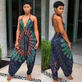 Sexy Printed V Neck Halter Harem Jumpsuit BN-9097