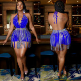 Sexy Hot Drilling Halter Bodysuit+Tassel Mini Skirt 2 Piece Sets BY-5871