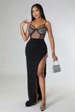 Sexy Mesh Hot Drilling Patchwork Split Long Evening Dress OD-8503
