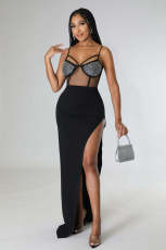 Sexy Mesh Hot Drilling Patchwork Split Long Evening Dress OD-8503