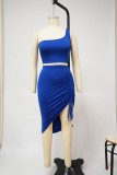 Solid One Shoulder Smocked Skirts Two Piece Sets YF-K10066