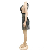 Sexy Hot Drilling Halter Bodysuit+Tassel Mini Skirt 2 Piece Sets BY-5871