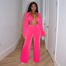 Solid Bra+Coat+Pants 3 Piece Sets YF-10175