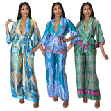 Casual Printed Sashes Top Wide Leg Pants 2 Piece Sets YF-10171